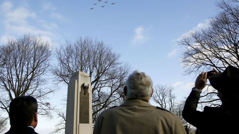 Pilots from MacAir Aero Club in Greene County flew in formation over the Wright Brothers Memorial in 2015 where the 112th Anniversary of the the first powered airplane flight was remembered with speeches, a wreath laying and a written proclamation from then-President Obama declaring Dec. 17 to be Wright Brothers Day. The 117th anniversary of the Wrights' first flight will be celebrated Thursday. STAFF FILE PHOTO