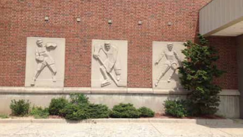 Three bas reliefs (sculptures) adorned each side of the entrance to the Cincinnati Gardens from its construction to its demolition. They featured a boxer, basketball player, and hockey player designed by Henry Mott. CONTRIBUTED/JOHN PECKSKAMP VIA WCPO