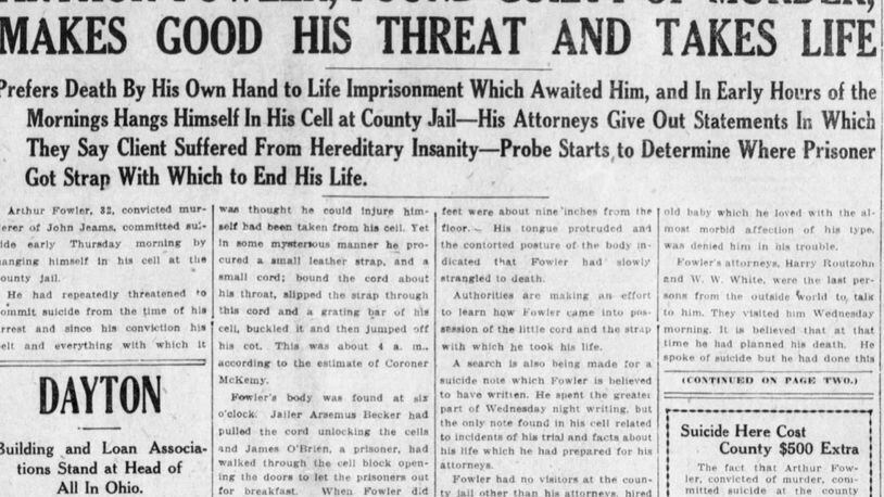 An article appeared on the front page of the Dayton Daily News on June 4, 1914 about Albert “Roy” Fowler attempted suicide.  He was sentenced to died for the murder years earlier of Mary “Mamie” Hagerty.