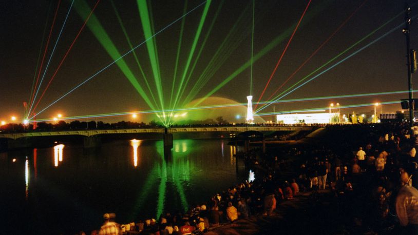 Laser light shows at RiverScape  filled the night sky in the first years of the opening of the new downtown Dayton river front park. STAFF FILE PHOTO