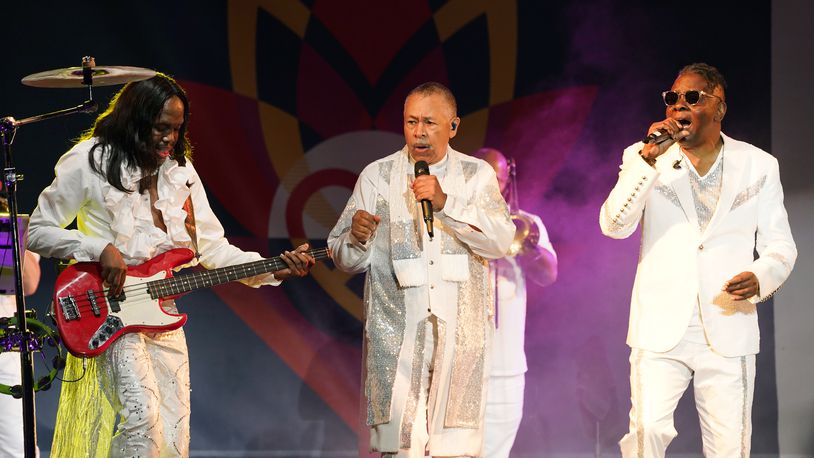 From left; Verdin White, Ralph Johnson and Philip Bailey of Earth, Wind & Fire perform at the Race to Erase MS drive-in event at the Rose Bowl, Friday, June 4, 2021, in Pasadena, Calif. (AP Photo/Chris Pizzello)