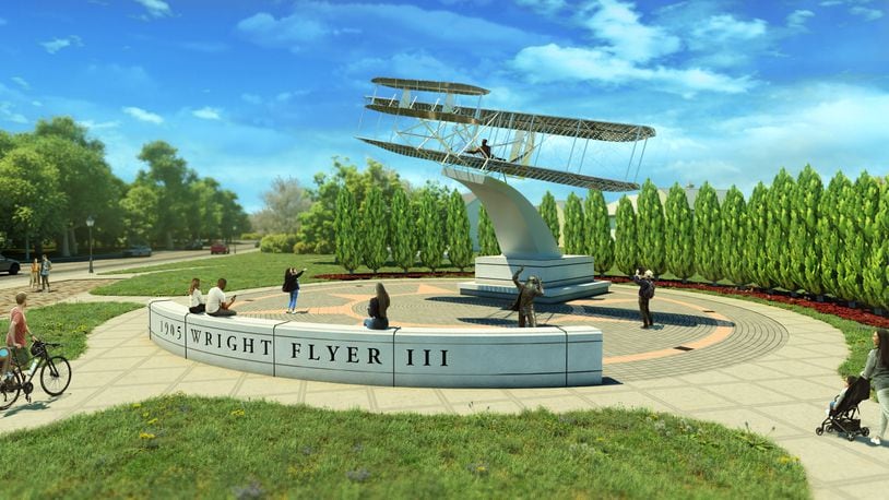 Shown is an artist rendering of what the new location of the Wright Flyer III statue will look like. /CONTRIBUTED