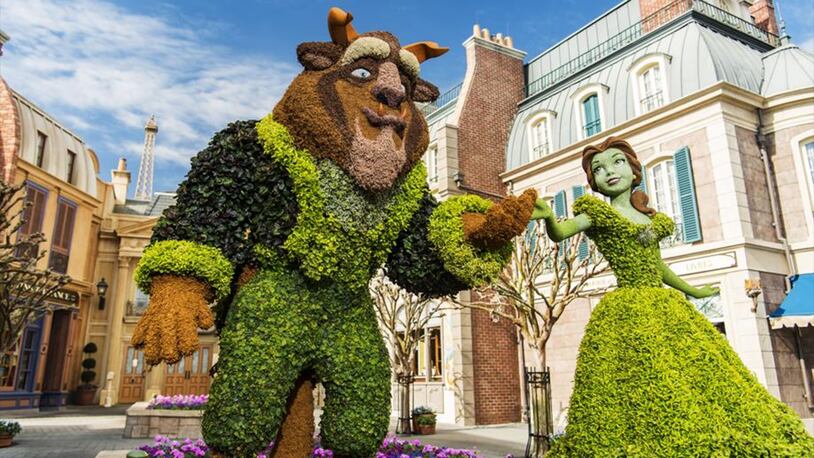 A Belle topiary, based on the Disney animated classic, "Beauty and the Beast," graces the entrance of the France Pavilion at the 2017 Epcot International Flower & Garden Festival.