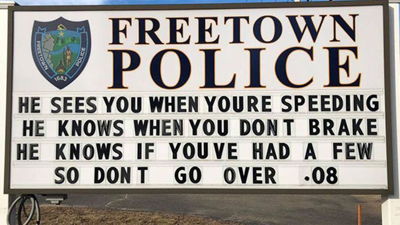 Police in Freetown, Massachusetts, shared a photo Tuesday, Dec. 24, 2019, of the department's sign on Chace Road.