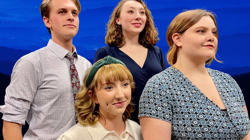 Left to right: Tanner Gleeson, Anna-Kate Kuszynski (seated), Hannah Rollins and Sam Evans in Wright State University's production of "Bright Star." CONTRIBUTED