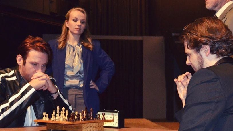 From left: TC Schreier (Freddie Trumper), Lindsey Cardoza (Florence Vassy), TJ Montgomery (Antaoly Sergievsky), and Jim Brown (Ivan Molokov) are featured in Playhouse South s production of Chess continuing through Nov. 12 inside Kettering s Clark Haines Theatre (Contributed photo)