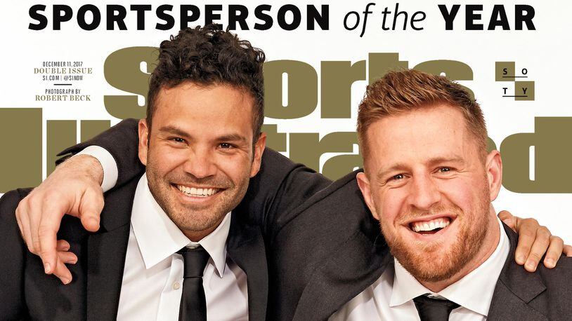 This image provided by Sports Illustrated shows the cover for the December issue of the magazine, featuring Houston Astros' Jose Altuve, left, and Houston Texans' J.J. Watt. On Monday, Dec. 4, 2017, the two were honored by Sports Illustrated when they were given the magazine's prestigious Sportsperson of the Year award. (Sports Illustrated via AP)