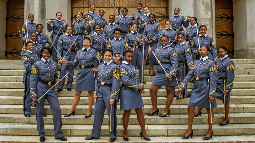 In this May 7, 2019 photo, black female cadets with the Class of 2019 pose at the U.S. Military Academy in West Point, N.Y. The 34 women comprise a small slice of the roughly 1,000 cadets in the class. The cadets say they're proud to be part of a milestone at the historic academy after four years of testing their limits.