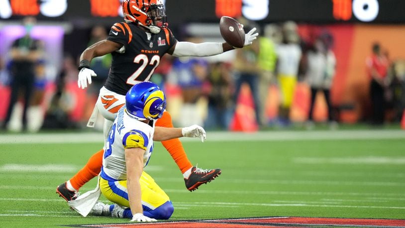 Cincinnati Bengals cornerback Chidobe Awuzie catches an interception during the 2022 Super Bowl halftime show in Inglewood, Calif. Feb. 13, 2022. (AJ Mast/The New York Times)