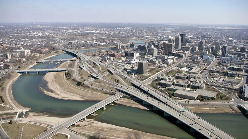 An aerial view of downtown Dayton with the Great Miami River, from 2005. TY GREENLEES/STAFF