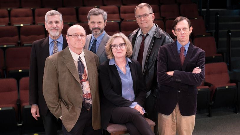 Marc Moritz, K.L. Storer, Doug MacKechnie, Patricia O Hara (playwright), Brian Dykstra and Scott Hunt accent the Human Race Theatre Company’s world premiere of “Banned from Baseball” Sept. 6-23 at the Loft Theatre. CONTRIBUTED PHOTO BY HEATHER N. POWELL