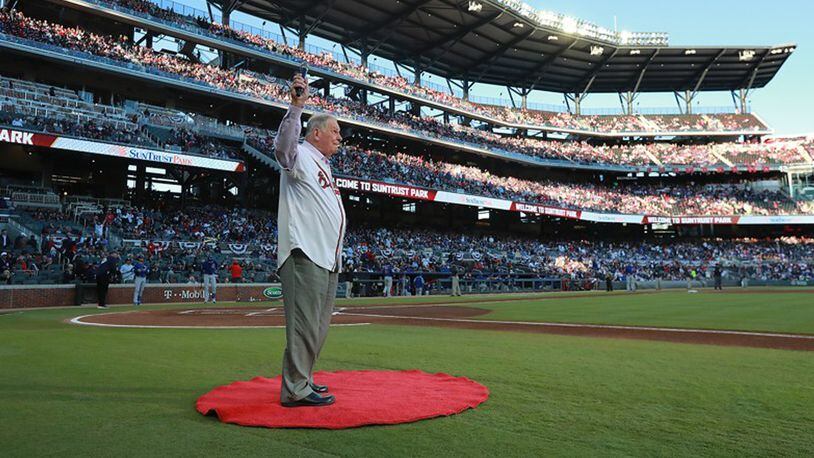 Legendary Braves manager and Baseball Hall of Famer Bobby Cox attended the team's home opener Monday night. Cox reportedly has been hospitalized due to a stroke. (Curtis Compton/ccompton@ajc.com)