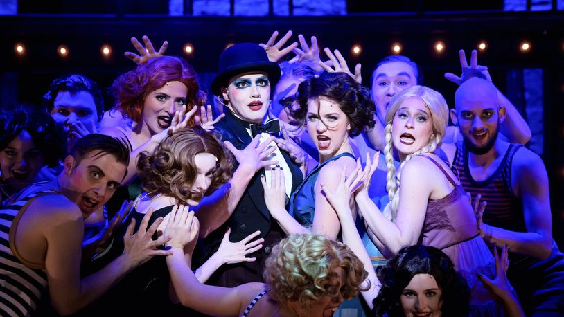 Center: Anderson Rothwell (Emcee) and Kendra Lodewyk (Sally Bowles) lead the cast of Wright State University's production of "Cabaret" in "Willkommen." PHOTO BY ERIN PENCE