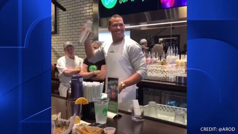 Alex Rodriguez  worked a day at Wahlburgers after losing a bet with Mark Wahlberg. (Photo: Alex Rodriguez/Instagram)