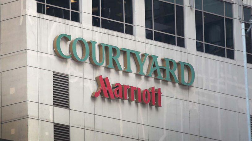 A sign marks the location of a Courtyard Marriott hotel on November 30, 2018 in Chicago, Illinois.