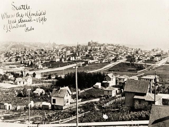"View of Potlach Meadows, the future fairground site, taken from the Clarence Bagley home at 2nd Avenue N and Aloha Street, 1896."
