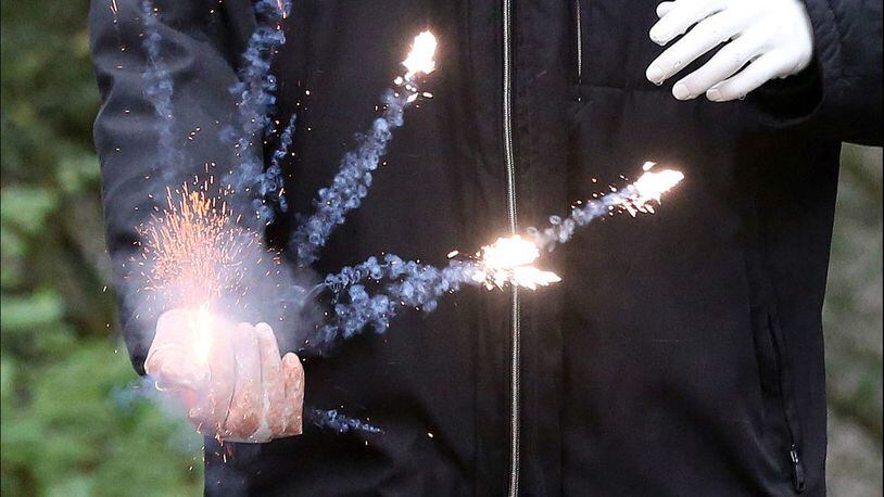 A dummy is used to demonstrate the explosive effect of fireworks in a 2015 photo taken in Hamburg, Germany. A California 10-year-old lost a hand on July 6, 2019, his 10th birthday, after two adult neighbors allegedly tossed a lit firework at him.