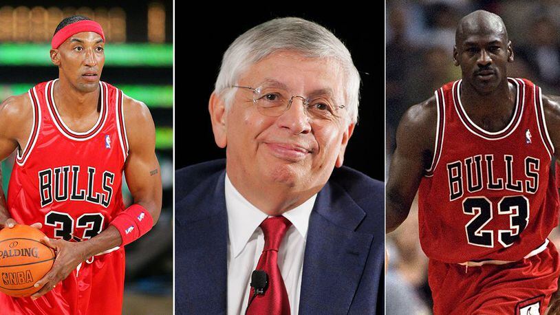 [Left] Former Chicago Bulls player Scottie Pippen [Middle] Former NBA commissioner David Stern [Right] Former Chicago Bulls player Michael Jordan (Andy Lyons/Getty Images)