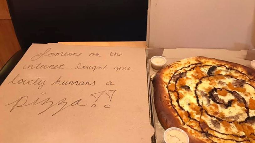 A special delivery sent to Meadowlark restaurant on Jan. 16 read "Someone on the internet bought you lovely humans a pizza!"