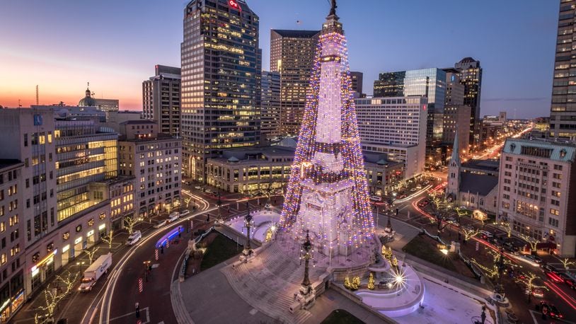 According to Visit Indy, Circle of Lights features the world’s largest Christmas tree with nearly 5,000 lights and 52 garland strands streaming from the city’s 284-foot-tall Soldiers and Sailors Monument. Photo Courtesy Downtown Indy, Inc. CONTRIBUTED
