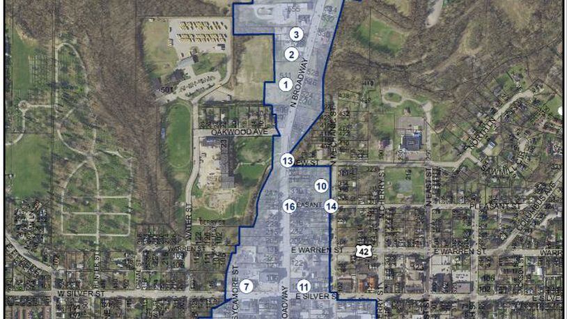 These are the proposed boundaries for a Community Entertainment District that the city of Lebanon expects to submit sometime in June. It will allow additional D-5J liquor permits in the district to help attract new restaurants to the city. CONTRIBUTED/CITY OF LEBANON