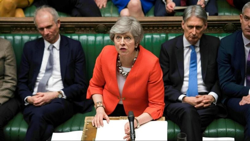 Britain's Prime Minister Theresa May speaks to lawmakers in parliament, London, Tuesday March 12, 2019. Prime Minister Theresa May's mission to secure Britain's orderly exit from the European Union was defeated Tuesday, as lawmakers ignored her entreaties to support her divorce deal and end the political chaos and economic uncertainty that Brexit has unleashed.