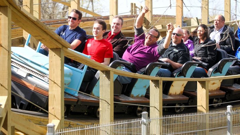 Ride enthusists enjoy an early ride on the new wooden roller coaster, Mystic Timbers, at Kings Island, Thursday, Apr. 13, 2017. The ride opens to the public on Saturday. GREG LYNCH / STAFF