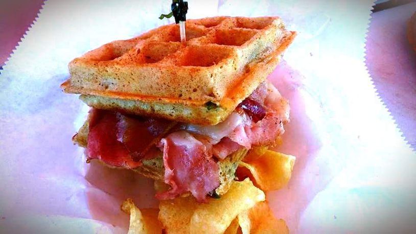 One of Drunken Waffle's famous, drool-inducing waffle sandwiches.