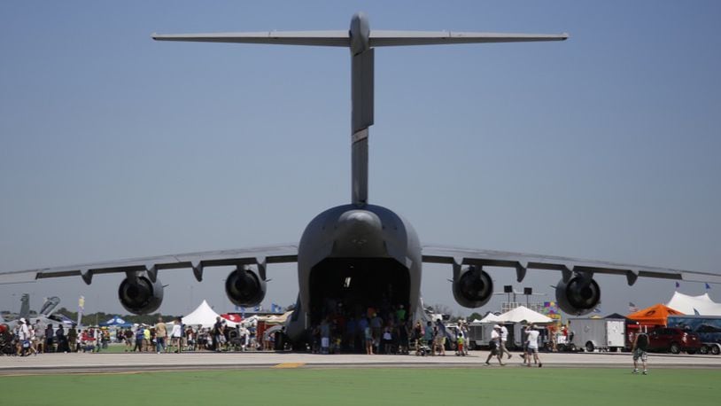 The giant C-17 Globemaster dominates the display area at the Vectren Dayton Air Show on Sunday. TY GREENLEES / STAFF