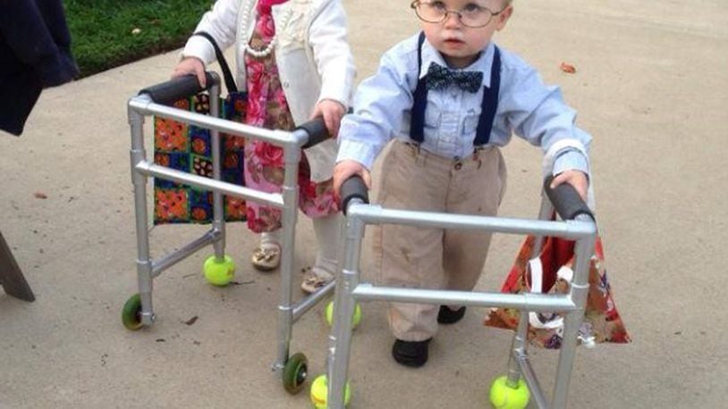 Liam and Adelynn Stump dressed as an elderly couple for Halloween. (Photo courtesy of Bill and Amber Stump)
