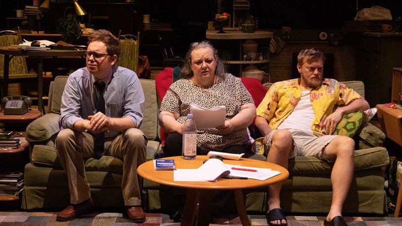 Left to right: Brandon Shockney (Jim), Jennifer Lockwood (Emily) and Jared Mola (John) in Dayton Theatre Guild's production of "The Lifespan of a Fact," continuing through Sept. 11. RICK FLYNN PHOTOGRAPHY