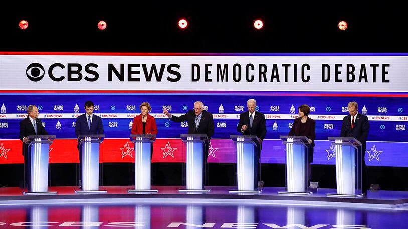 From left, Democratic presidential candidates, former New York City Mayor Mike Bloomberg, former South Bend Mayor Pete Buttigieg, Sen. Elizabeth Warren, D-Mass., Sen. Bernie Sanders, I-Vt., former Vice President Joe Biden, Sen. Amy Klobuchar, D-Minn., and businessman Tom Steyer, participate in a Democratic presidential primary debate at the Gaillard Center, Tuesday, Feb. 25, 2020, in Charleston, S.C., co-hosted by CBS News and the Congressional Black Caucus Institute.