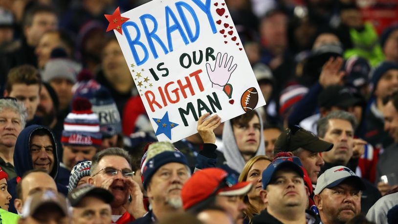 Fans display a sign during the AFC Championship Game between the New England Patriots and the Jacksonville Jaguars at Gillette Stadium on January 21, 2018 in Foxborough, Massachusetts.  (Photo by Adam Glanzman/Getty Images)