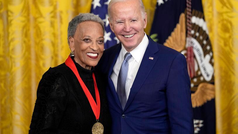 President Joe Biden presents the 2021 National Humanities Medal to Johnnetta Betsch Cole at White House in Washington, Tuesday, March 21, 2023. Cole will open Wright State University's fall lecture series Sept. 14. (AP Photo/Susan Walsh)