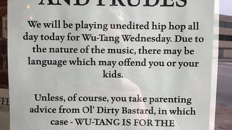A sign posted at Barrel House warns parents and prudes that unedited hip hop will be played  for Wu Tang (Clan) Wednesdays.