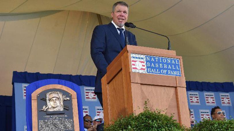 Braves legend Chipper Jones speaks after he was inducted into the National Baseball Hall of Fame Sunday, July 29, 2018,  in Cooperstown, N.Y. Jones was the first to address fans during a ceremony that included six inductions.