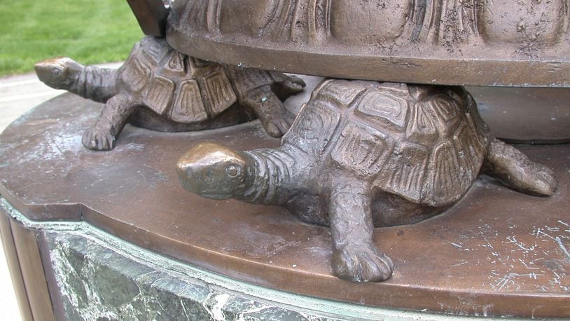 These turtles are possibly the most popular wildlife on the Miami University’s campus. Although they are not real, legend has it that rubbing their heads will bring good luck and they get a good workout at mid-term and final exam time. They are part of the base of Tri-Delt Sundial located in Central Quad. STAFF FILE PHOTO/2006