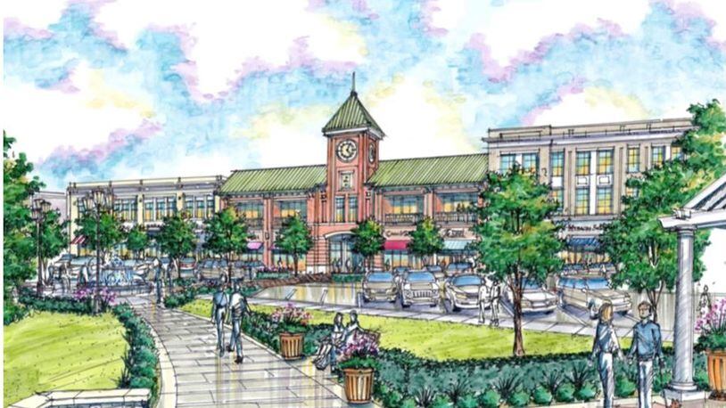 This is one of several drawings to be shown to the Springboro Planning Commission this week to demonstrate the quality and character of the architecture.  A hallmark of Dillin Developments is iconic architecture, such as the clock tower, pictured in this artist's rendition.  CONTRIBUTED/DILLIN LLC