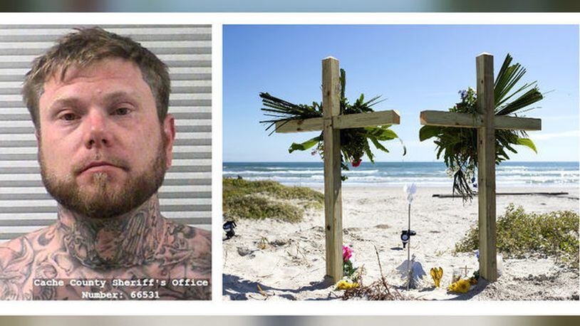Adam Curtis Williams, 33, of Utah, is wanted in connection with the killings of a New Hampshire couple who were found buried on a Texas beach Oct. 27, 2019. A makeshift memorial for James and Michelle Butler is seen on Padre Island Monday, Nov. 4.
