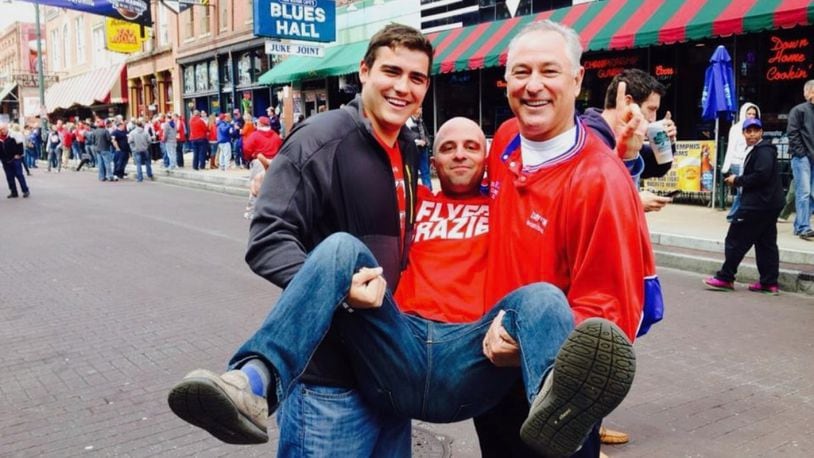 Dayton Flyers basketball fans (left to right) Ben Brabender, Justin Bayer and Tim Brabender pose for a photo during the NCAA tournament in 2014 in Memphis, Tenn. Contributed photo