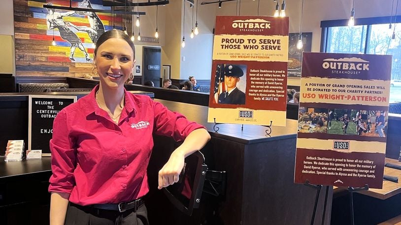 Alyssa Ryerse, the proprietor of Outback Steakhouse at 5181 Cornerstone North Blvd. in Centerville, stands inside the 4,694-square-foot eatery. The restaurant is donating $5,000 of proceeds from opening day sales Tuesday, March 12, 2024, to Wright-Patterson USO.