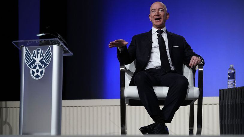 NATIONAL HARBOR, MD - SEPTEMBER 19: Amazon CEO Jeff Bezos, founder of space venture Blue Origin and owner of The Washington Post, participates in an event hosted by the Air Force Association September 19, 2018 in National Harbor, Maryland. Bezos talked about innovating in large organizations as well as staying on the cutting edge in the space industry. (Photo by Alex Wong/Getty Images)